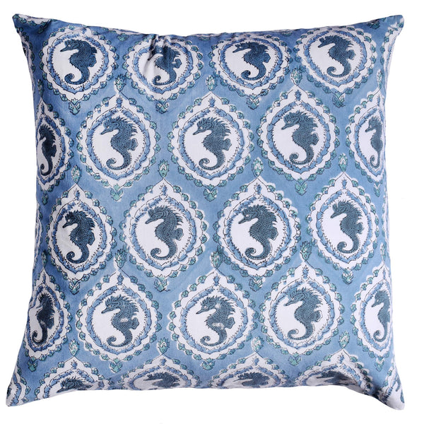 Marine Blue Seahorse Cameo cushion is a cute Dark blue seahorse in a cameo design on white and the background colour is a warm blue.