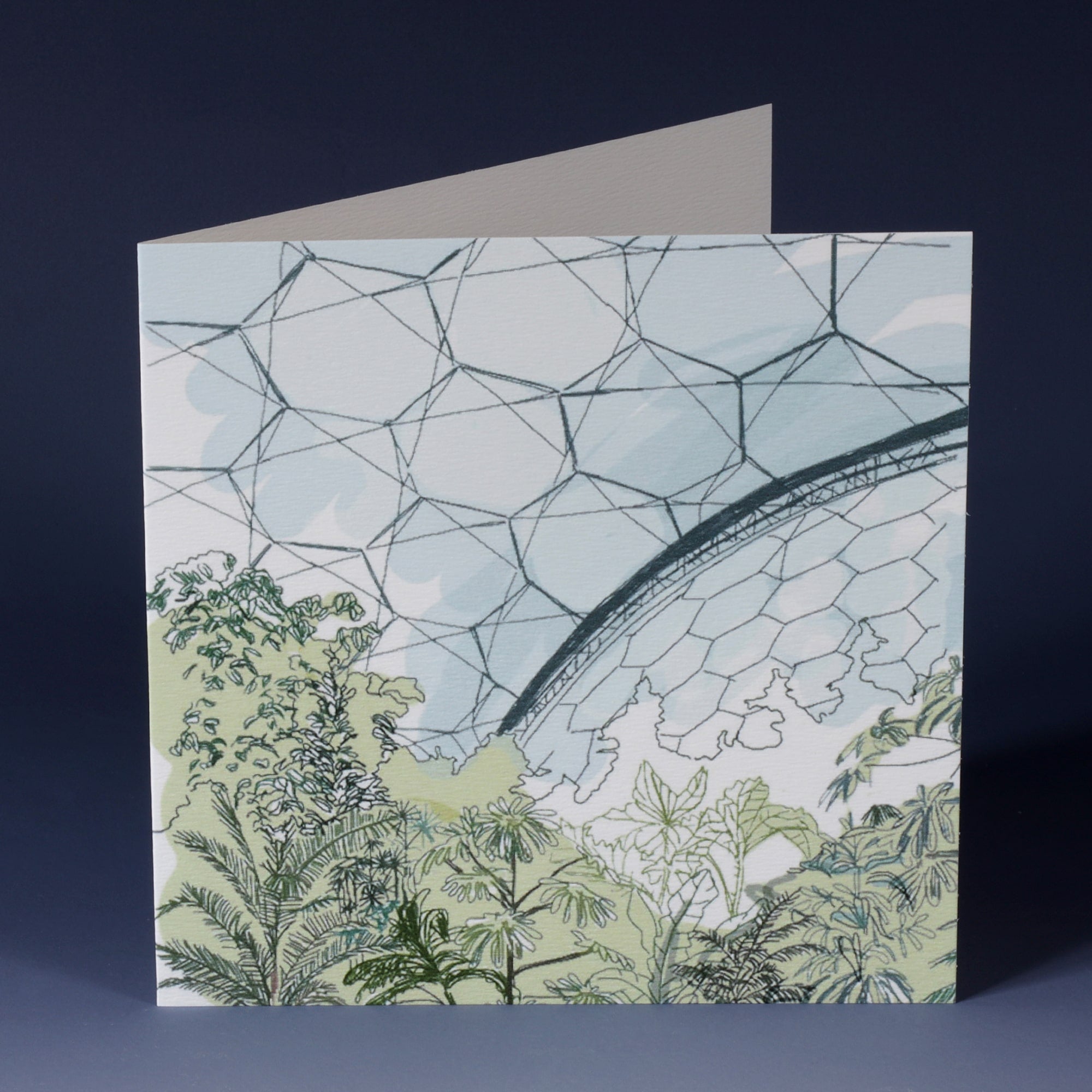 greeting card with an illustration of the eden project domes and lush greenery at the front