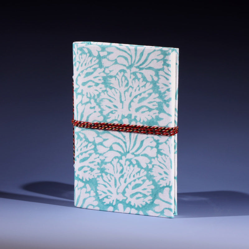 Hand Block printed hard backed notebook in Coastal Blue Coraline tied with twine braid 