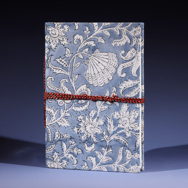 Hand Block printed hard backed notebook in Seashell Flower in Seabreeze  tied with twine braid