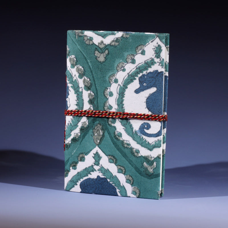 Hand Block printed hard backed notebook in Seahorse Cameo In Ocean tied with twine braid