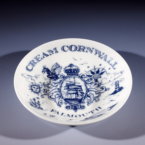 Nibbles bowl in Bone China in our Classic range in Navy and white in the Falmouth design featuring a packet ship,lighthouse and other nautical illustrations