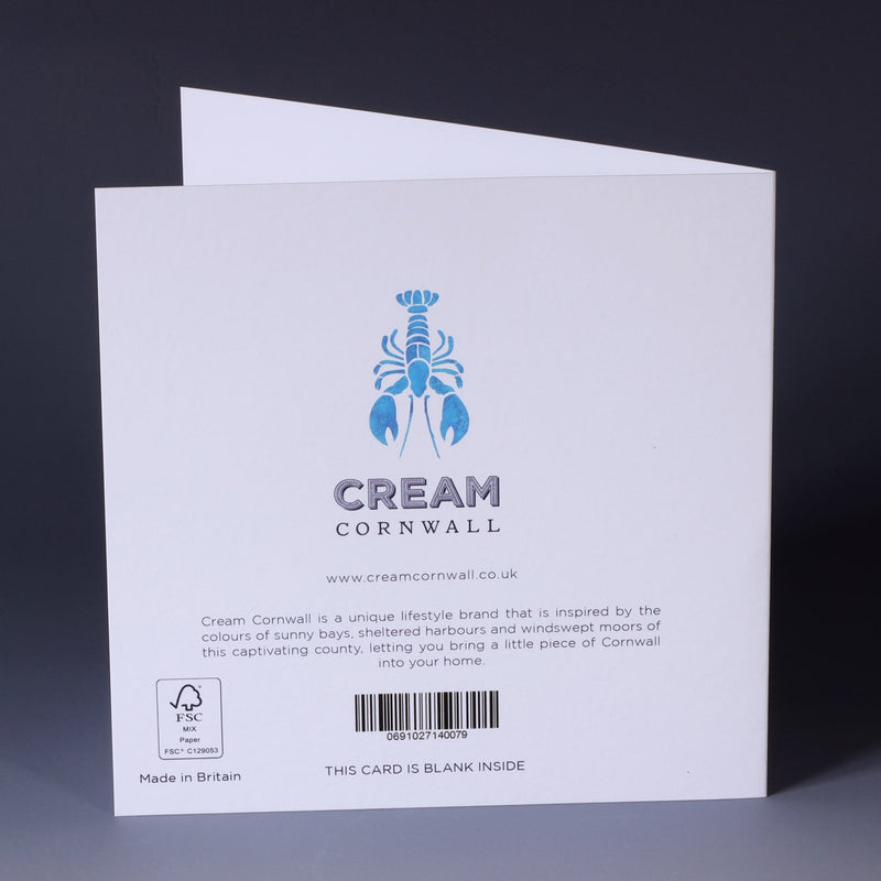 back of lobster greeting card, with logo and brief description of cream cornwall, barcode and fsc logo