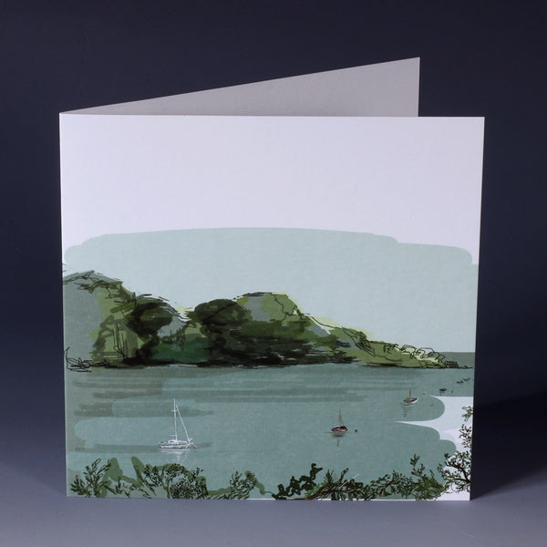 greeting card with illustration of frenchmans creek with small boats sailing in the water in muted blue and green tones  