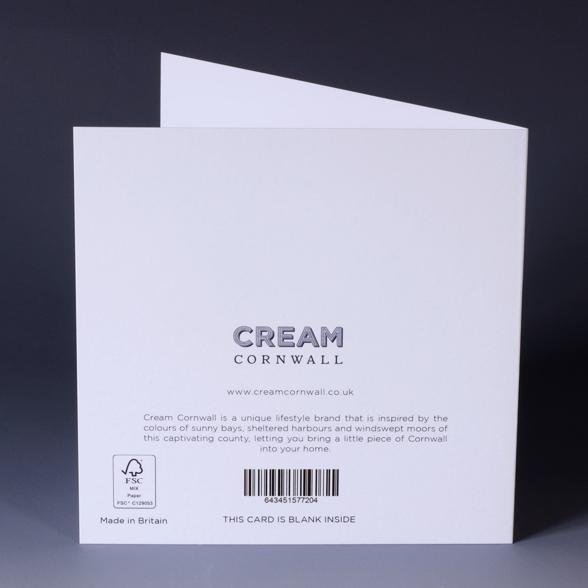 back of greeting card with logo and description about cream cornwall