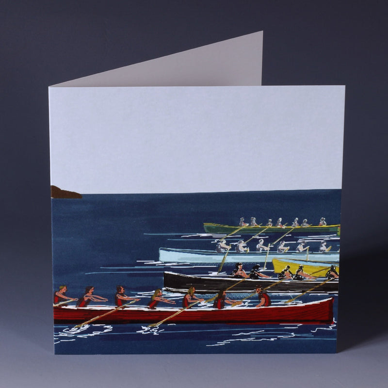 greeting card with illustration of 5 gig boats racing across a blue sea