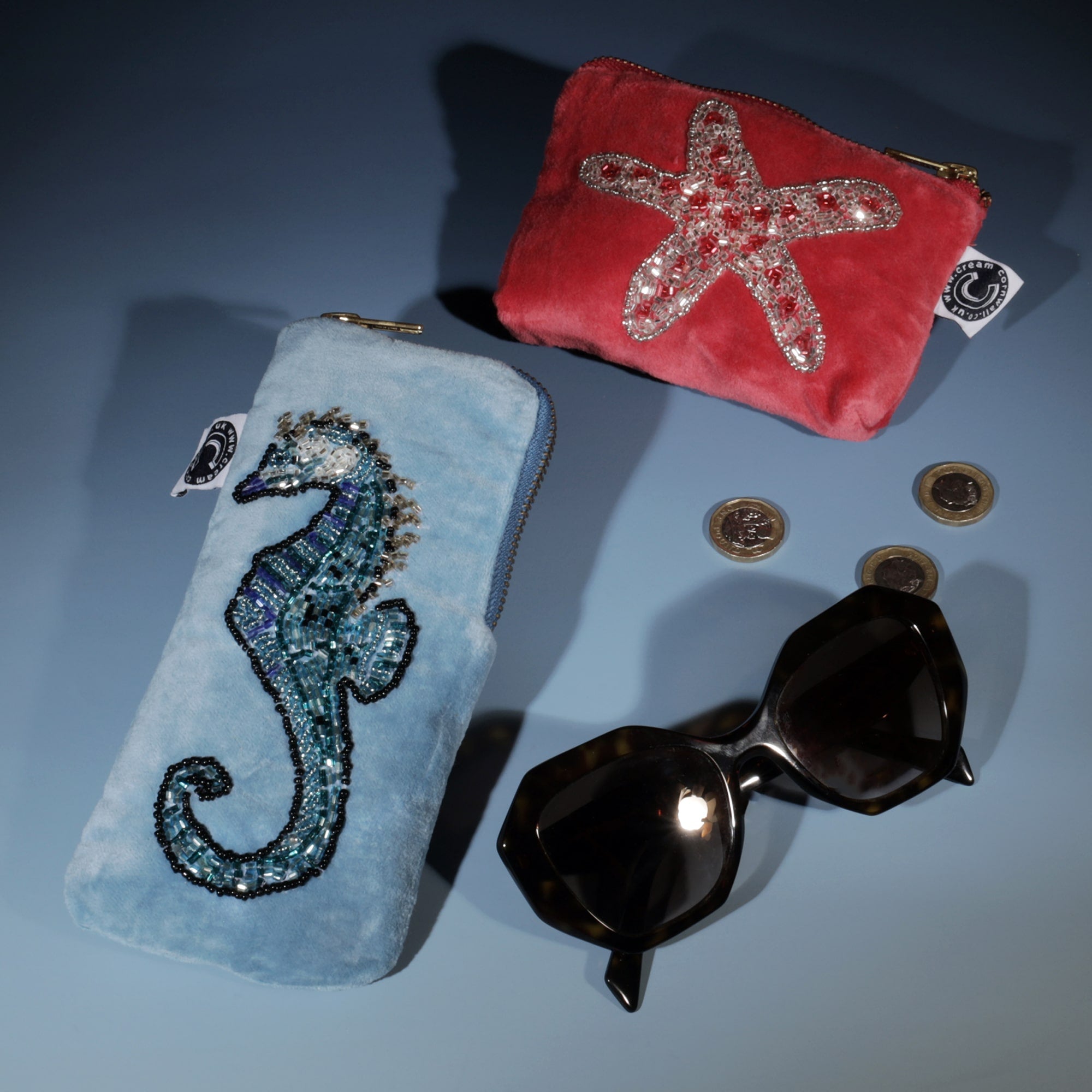 Light blue velvet glasses case beaded seahorse decoration on the front, pink velvet coin purse with starfish decoration on a graduated blue background with sunglasses and 3 pound coins.