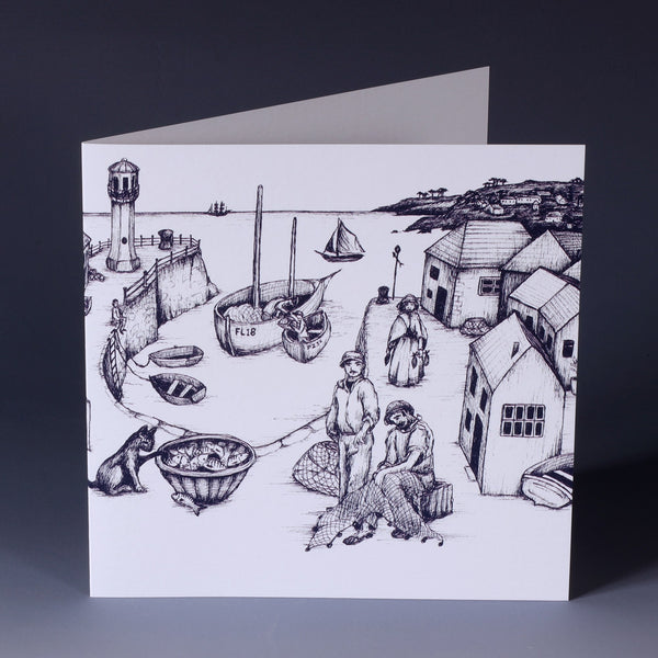 greeting card with navy illustration of cornish harbour scene on a white background