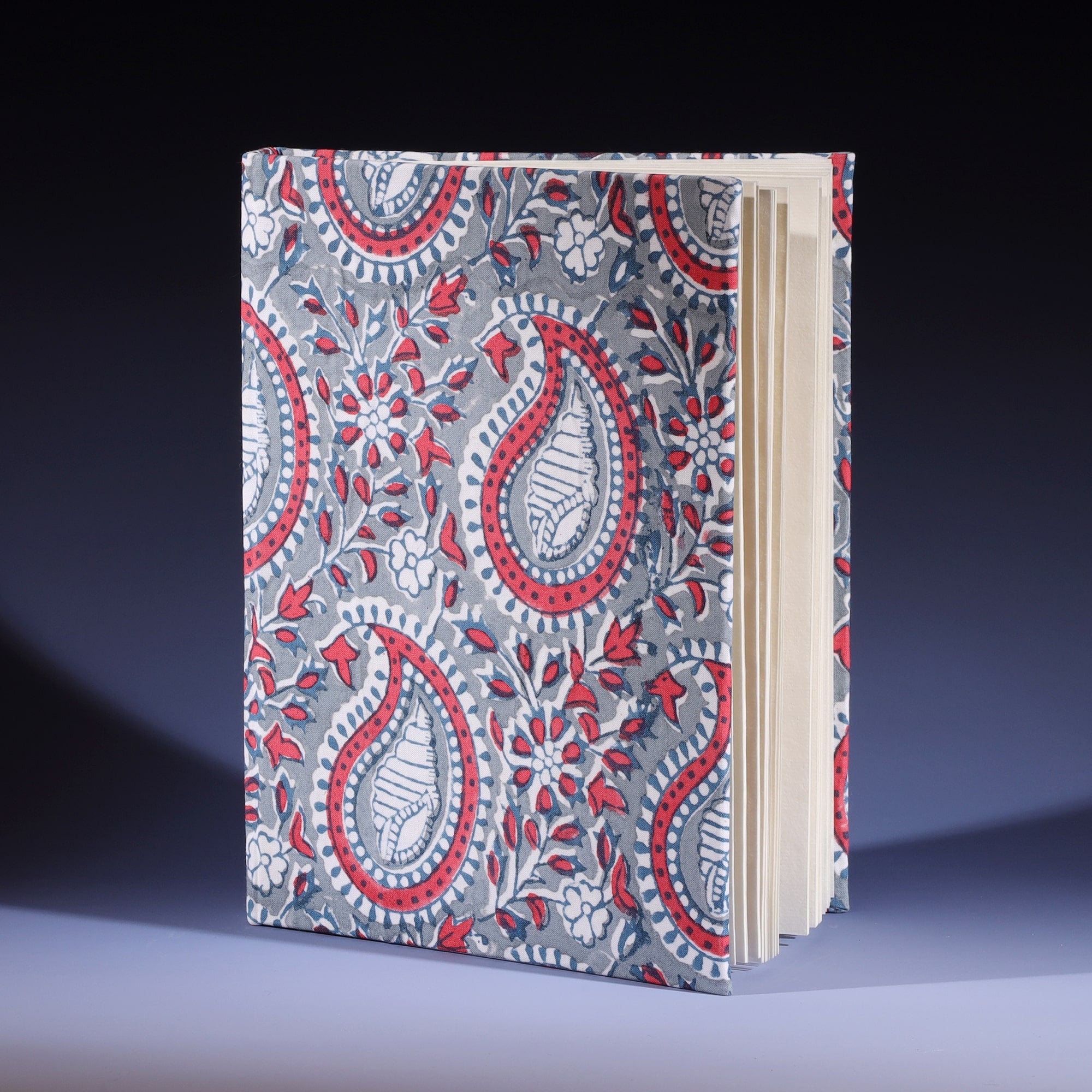 Hand Block printed hard backed notebook Paisley Shell in Campion on its side
