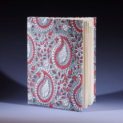 Hand Block printed hard backed notebook Paisley Shell in Campion on its side