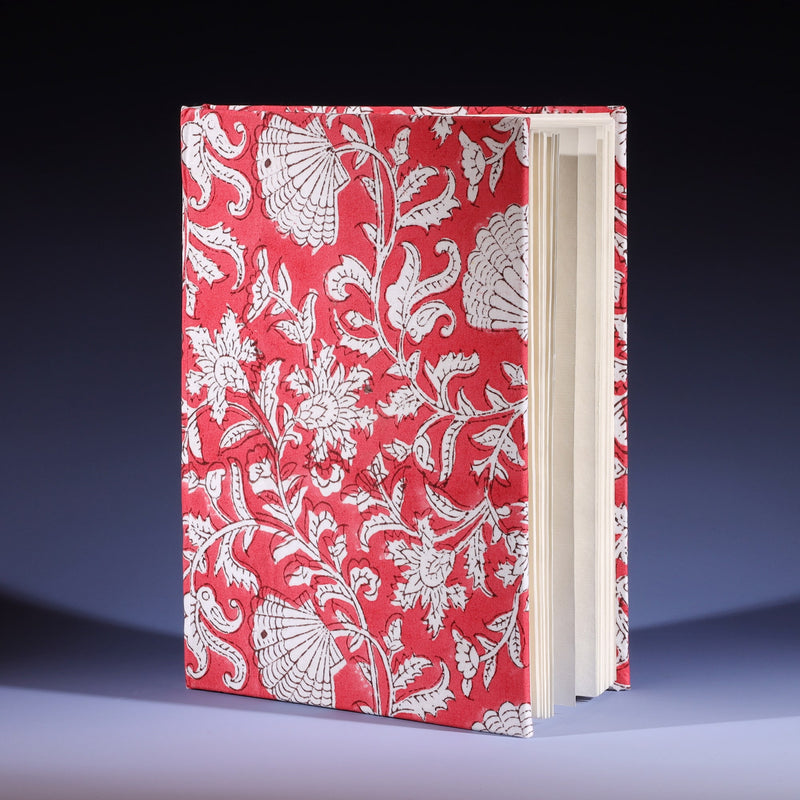 Hand Block printed hard backed notebook Seashell Flower in Campion on its side