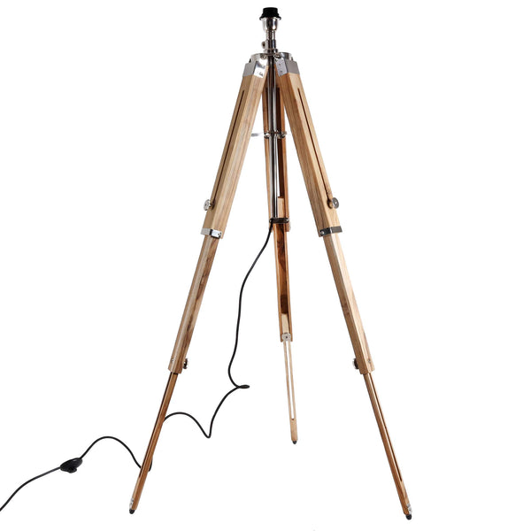 tripod floor lamp made from natural wood with nickel details. It has adjustable legs and neck which allows you to fully customise the height