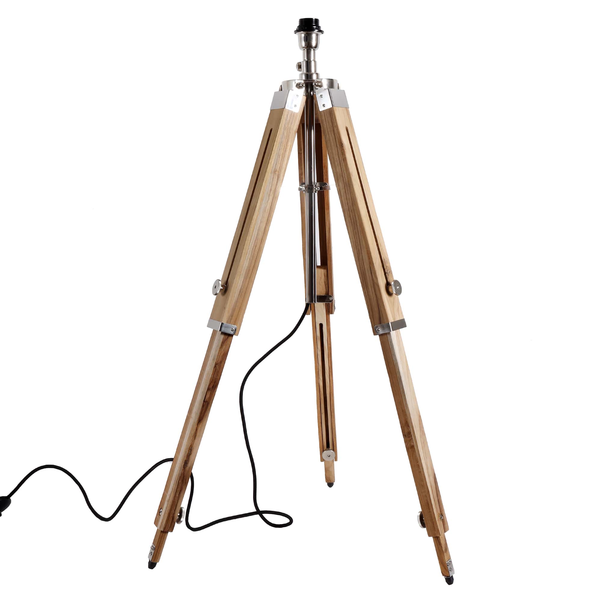 tripod floor lamp made from natural wood with nickel details. It has adjustable legs and neck which allows you to fully customise the height ,with legs fully extended