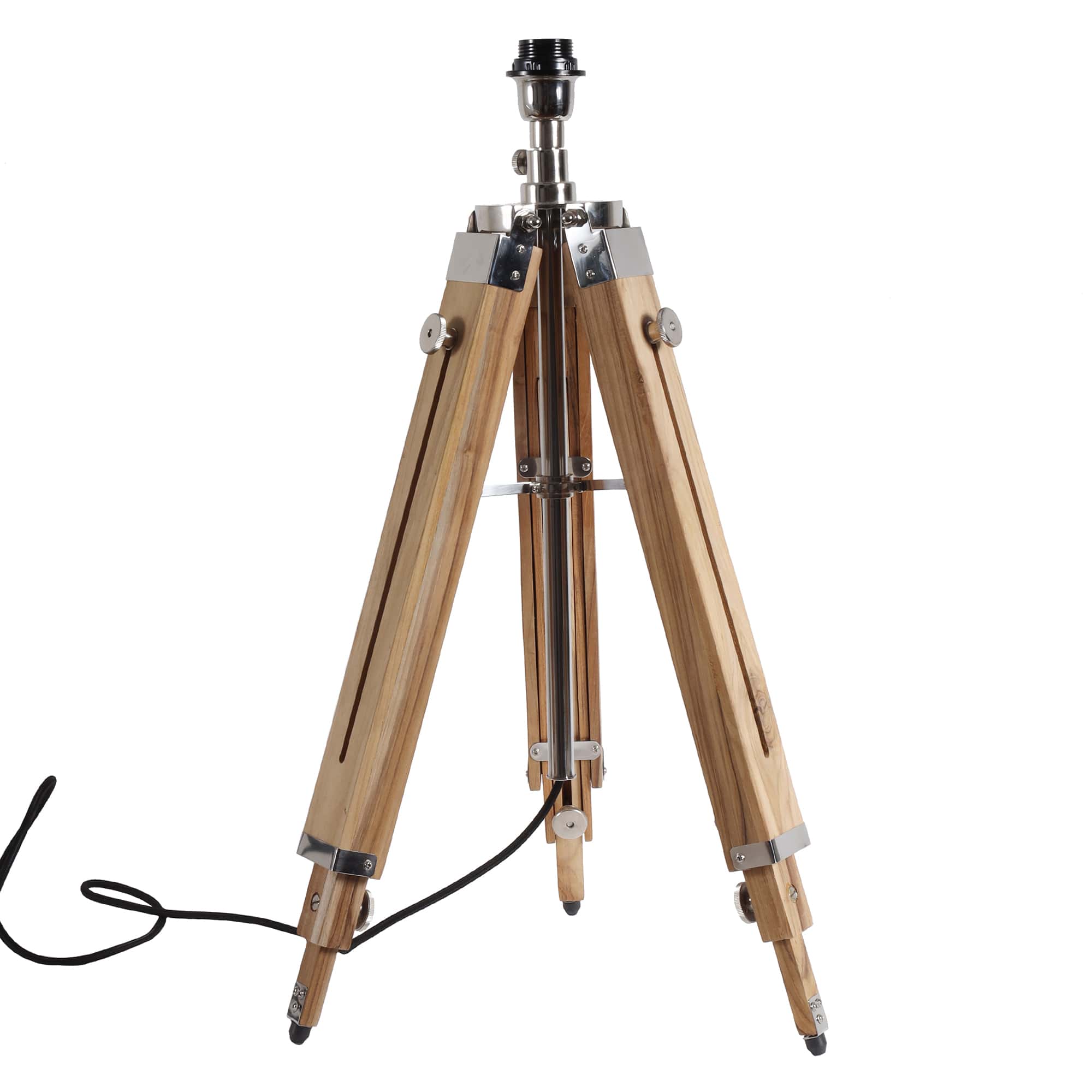 tripod floor lamp made from natural wood with nickel details. It has adjustable legs and neck which allows you to fully customise the height ,with legs on the smallest length