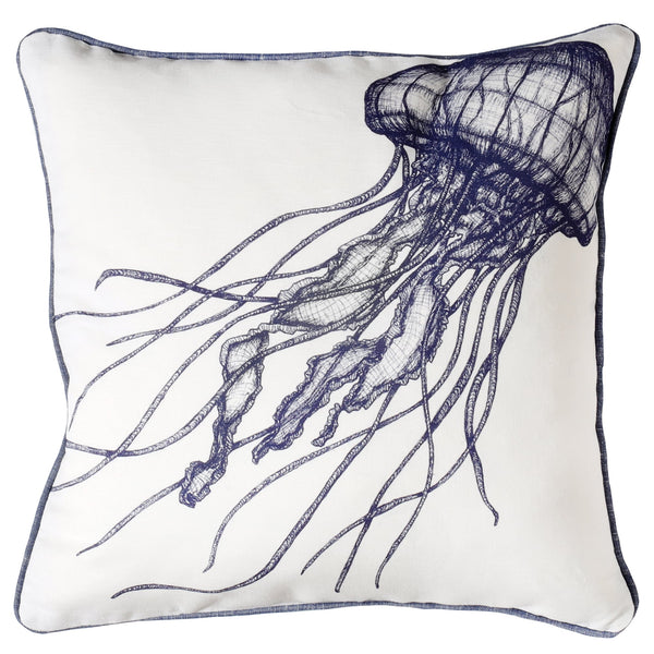 White piped linen cushion with navy chambray backing.On the front is a hand drawn jellyfish diagonally in navy