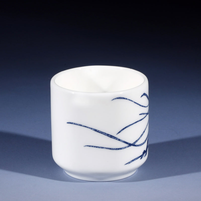Bone china Egg cup in our classic Blue and White range with a jellyfish design, this side showing more of the tentacles