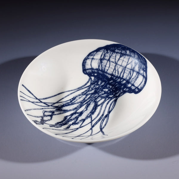 Nibbles bowl in Bone China in our Classic range in Navy and white in the Jellyfish design with long tentacles flowing