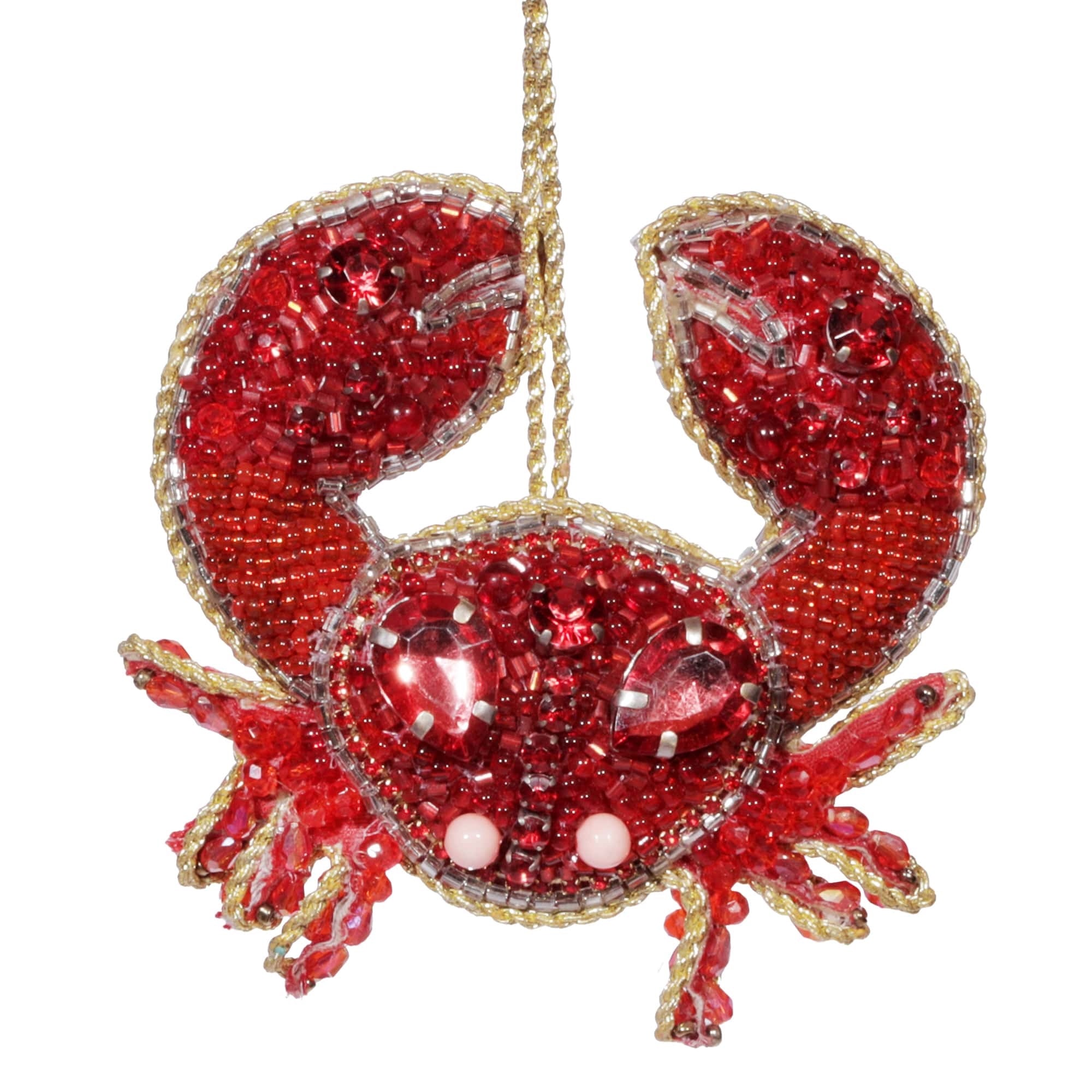 Hand-beaded crab ornament featuring intricate red beads and sparkling jewel accents. This playful coastal-themed decoration adds a bold and vibrant touch, perfect for home decor or as a quirky gift for ocean enthusiasts.