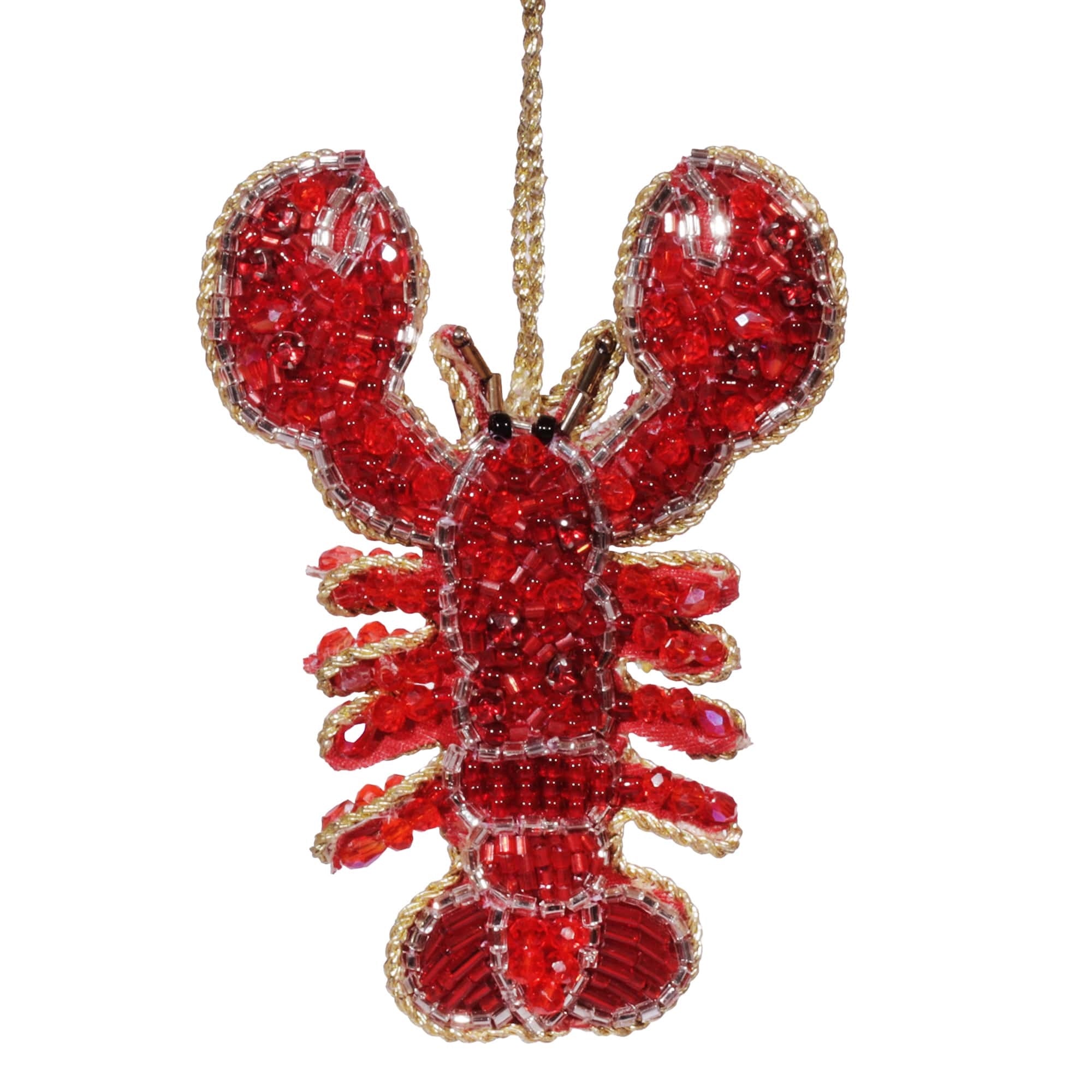 Hand-beaded lobster ornament featuring intricate red beads and jewel accents. This vibrant and coastal-themed decoration adds a bold and playful touch, perfect for home decor or as a unique gift for ocean enthusiasts.