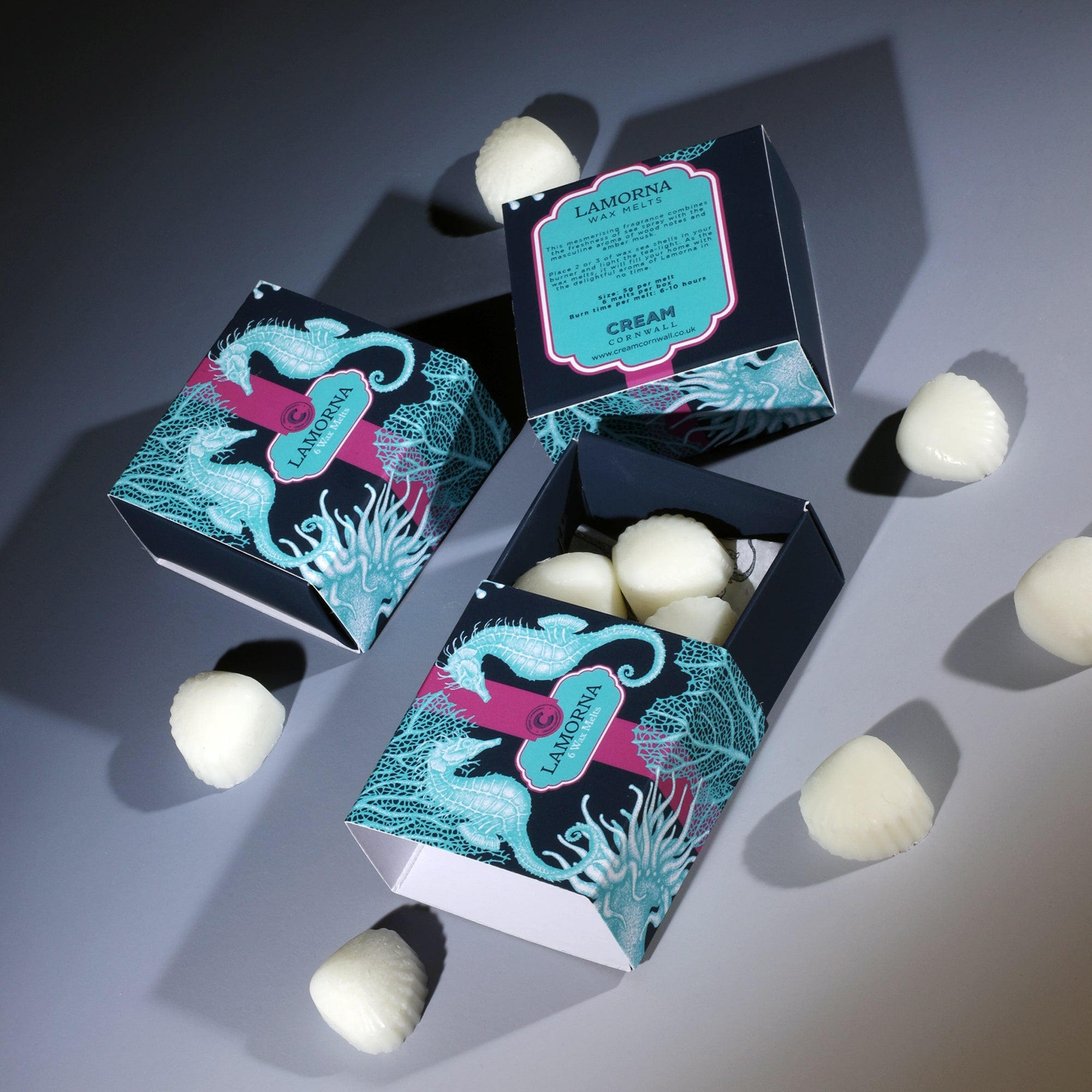 3 boxes decorated with seahorse, anemone and coral design in turquoise on a navy box with a cerise band running around the middle, with 5 wax melts in the shape of shells around the box and sitting on a blue ombre ground