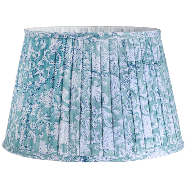 Large Seabreeze Seashell Flower pleated lampshade in hand blocked print ,fabric finished edges and lined in white
