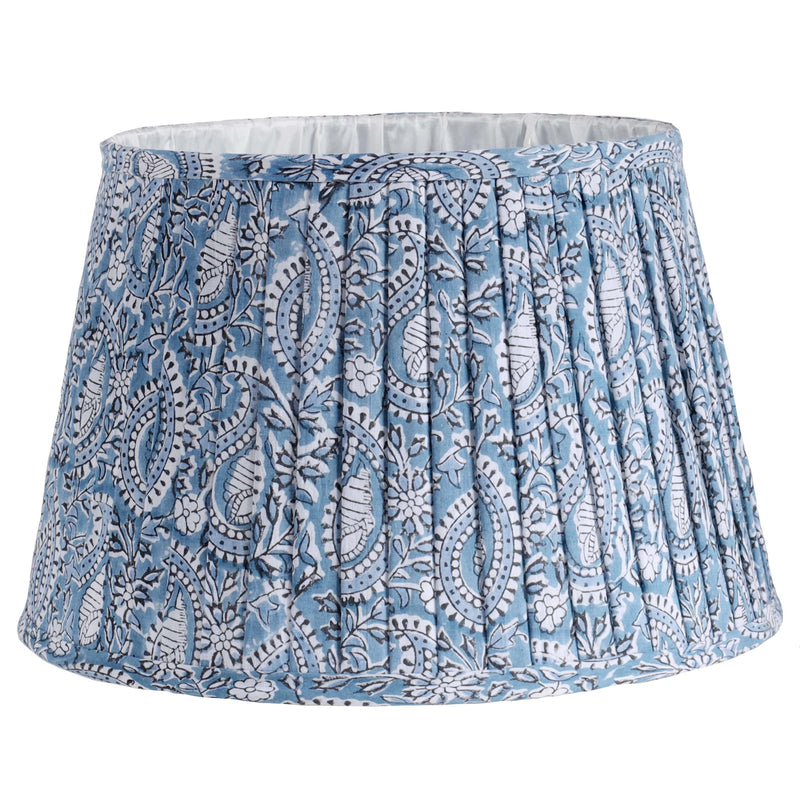 Large Azure paisley pleated lampshade with fabric finished edges,lined in white