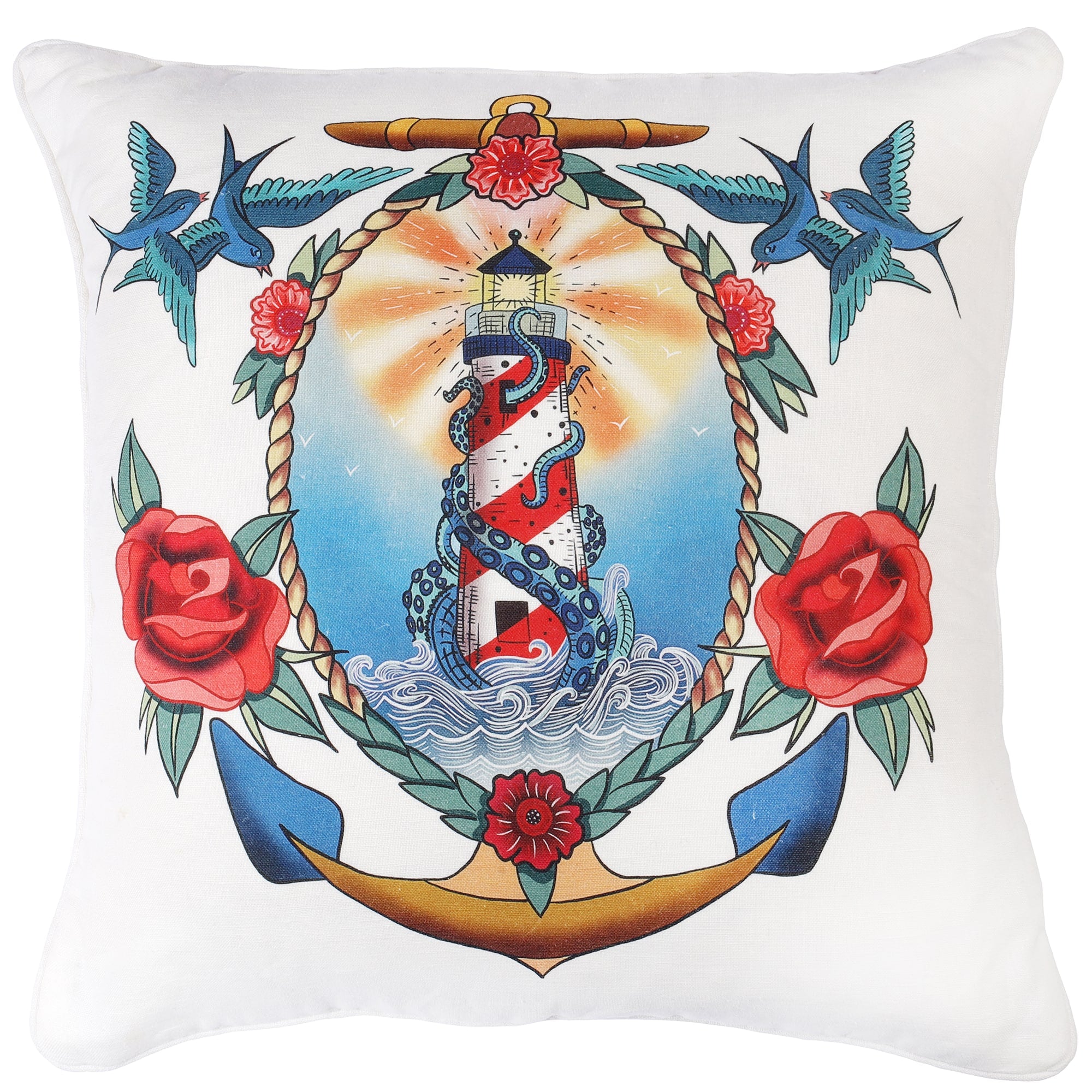 White cushion with brightly coloured tattoo inspired lighthouse and kraken design in a rope and anchor vignette with roses and swallows, on a white background.
