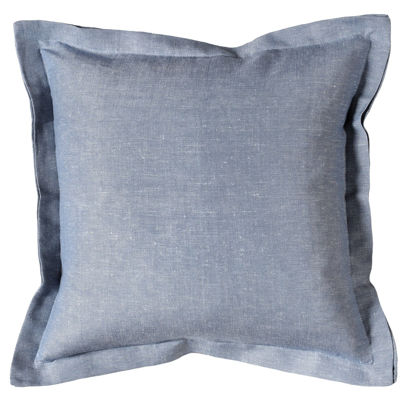 soft blue linen and cotton chambray cushion with double flange detail and zipped back