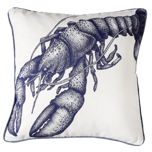 White piped linen cushion with navy chambray backing.On the front is a hand drawn lobster diagonally in navy 