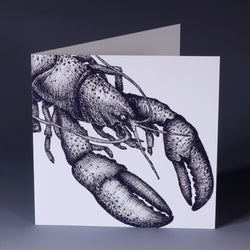 greeting card with navy illustrated lobster on white background