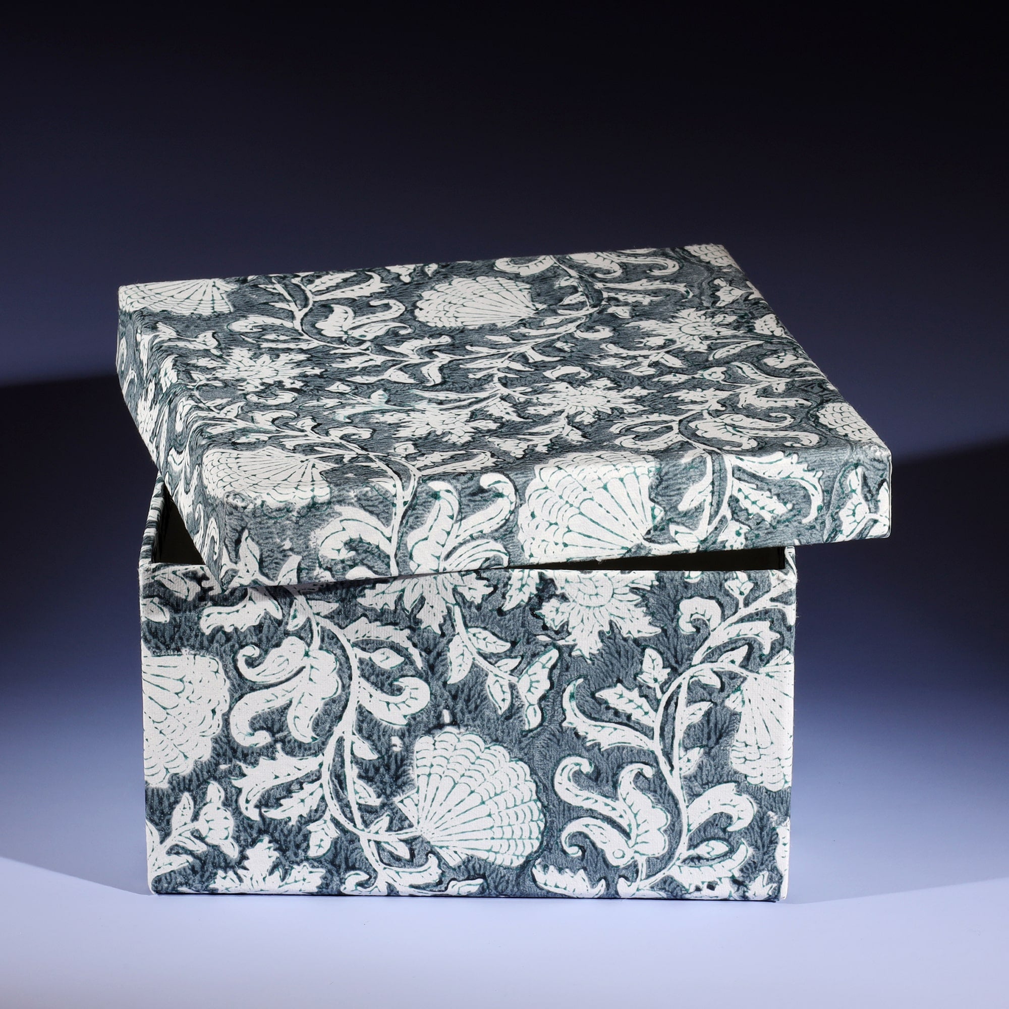 Medium Seashell Flower in Seabreeze hand blocked paper covered box with lid askew