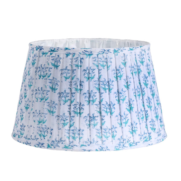 Medium pleated  lampshade in hand blocked print in blue and white in our seastar design,fabric finished edges and lined in white