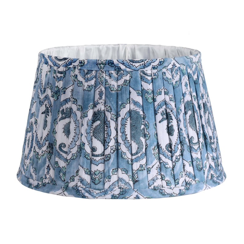 Medium Seahorse Cameo in Ocean pleated lampshade in hand blocked print in blue and white ,fabric finished edges and lined in white