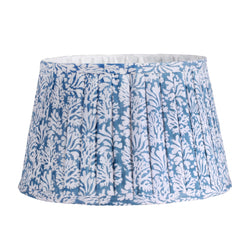 Medium Coastal Blue pleated lampshade in hand blocked print in blue and white,fabric finished edges and lined in white