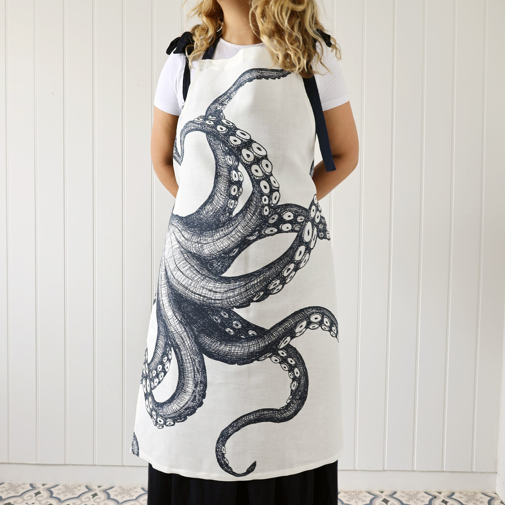 Our octopus apron being worn by a model