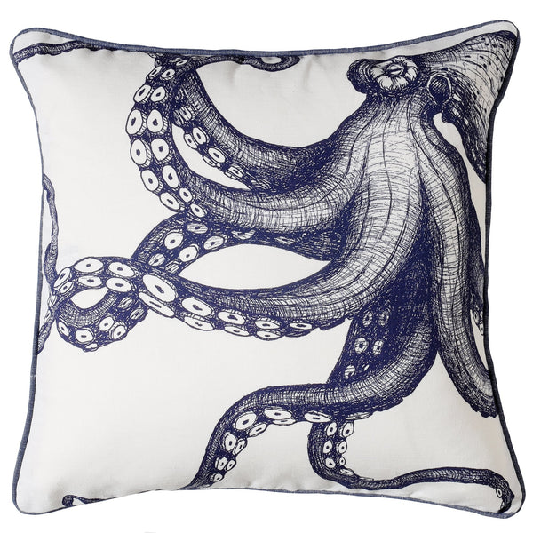 White piped linen cushion with navy chambray backing.On the front is a hand drawn navy octopus filling the cover 