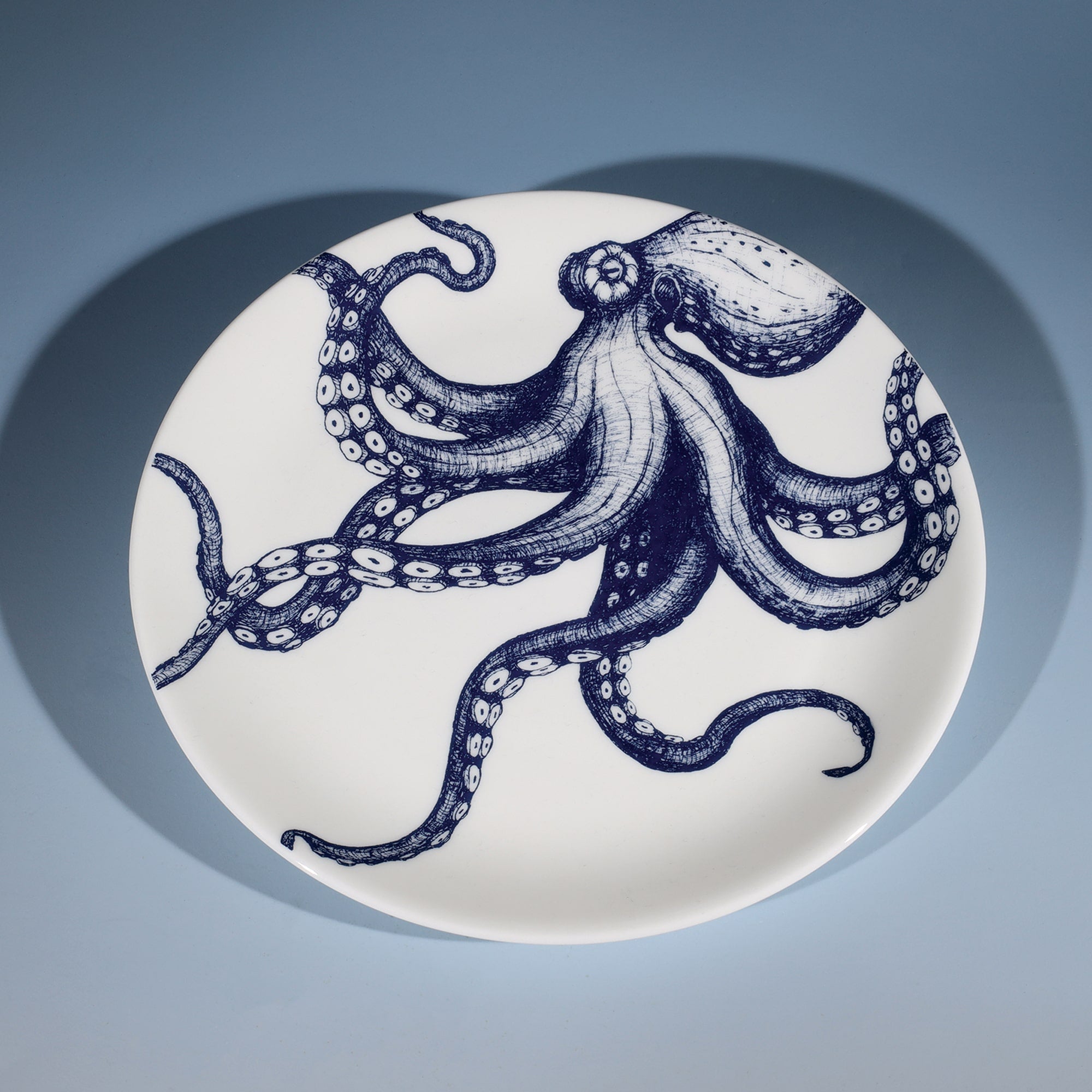  Bone China White plate with hand drawn illustration our classic Octopus in Navy