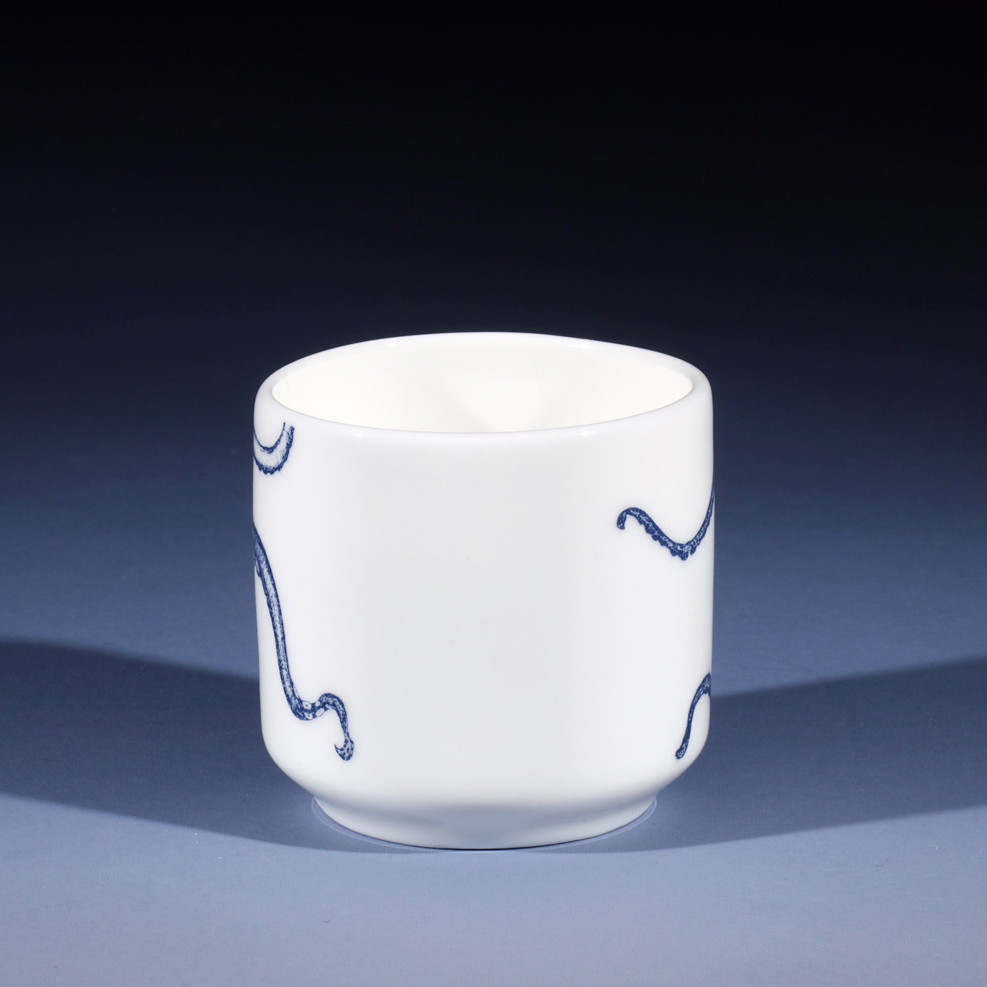 Bone china Egg cup in our classic Blue and White range with an Octopus design, this side showing more of the tentacles