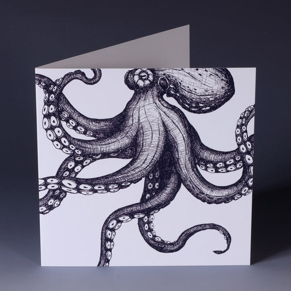 greeting card with navy blue illustrated octopus that looks like it is dancing across the card