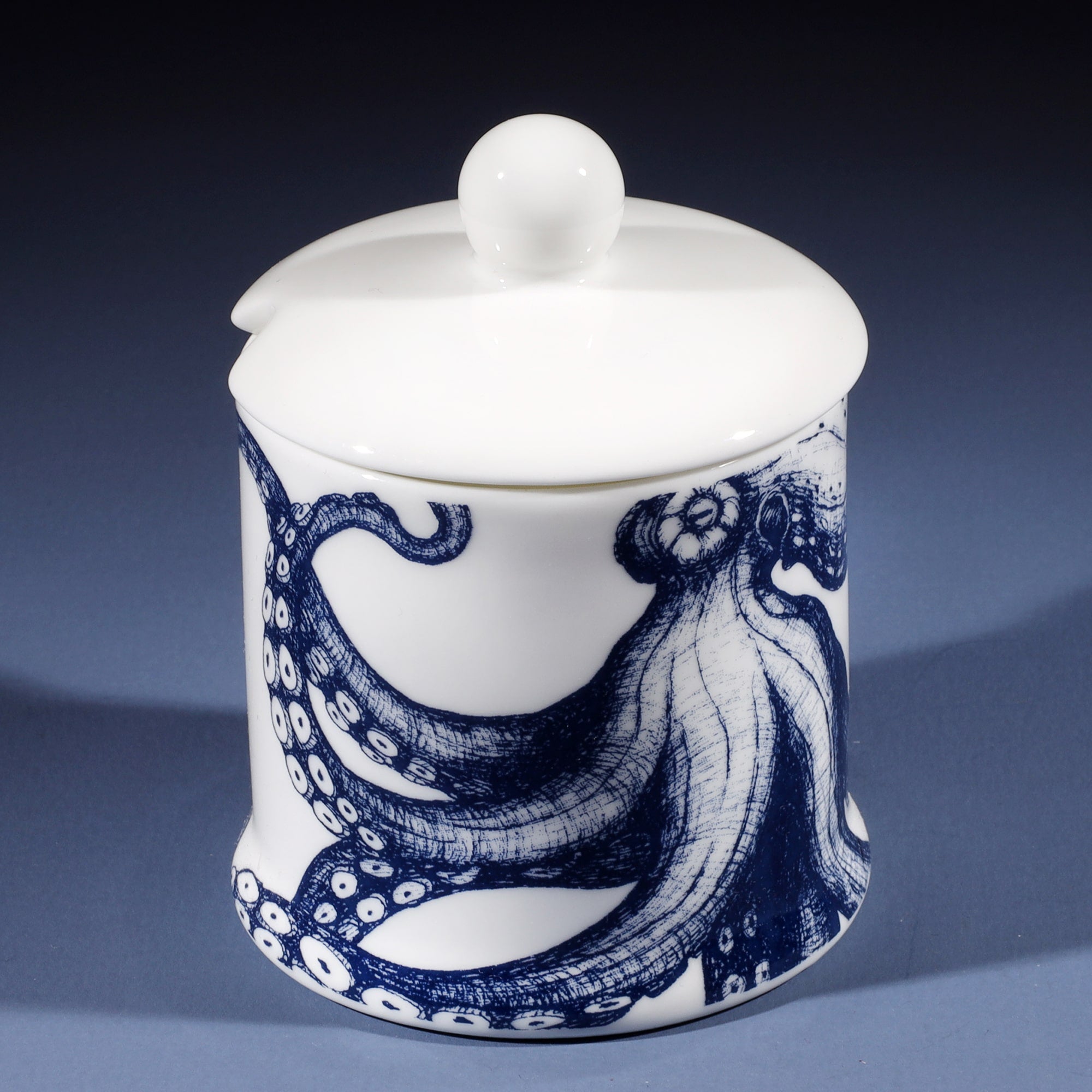 Jam Pot with lid in our classic range in the Octopus design with a space in the lid for a tea spoon