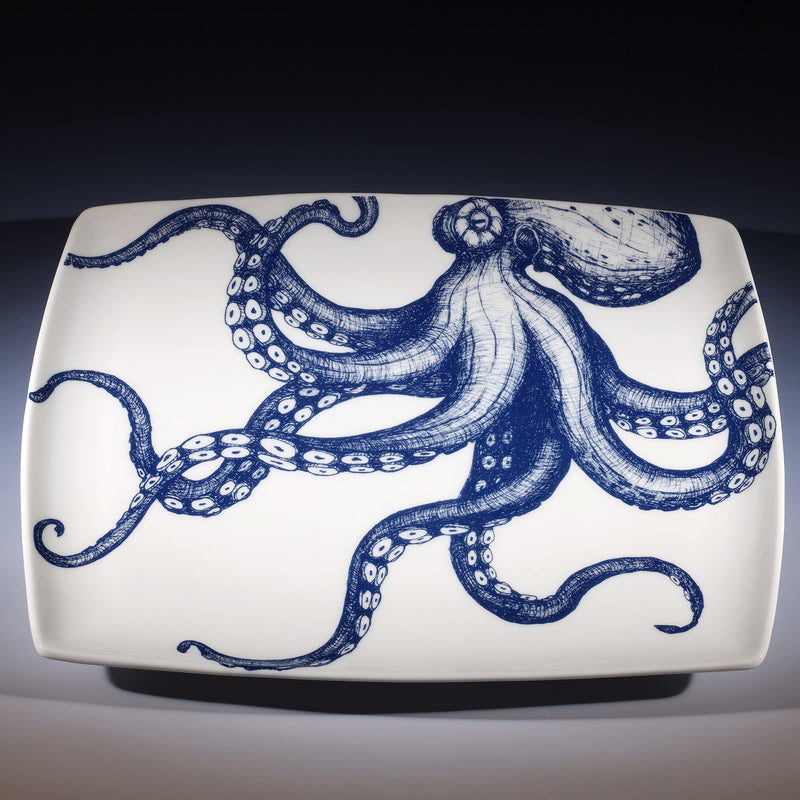 Platter in Bone China in our Classic range in Navy and white in the Octopus design