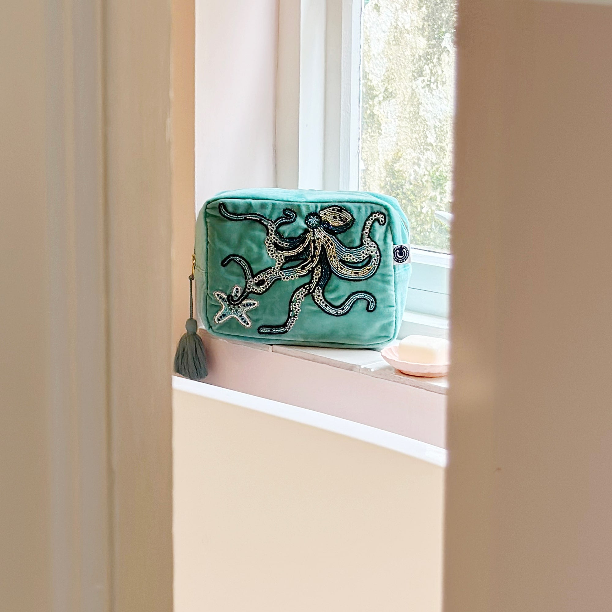 Velvet Beaded Octopus Wash Bag  - Turquoise