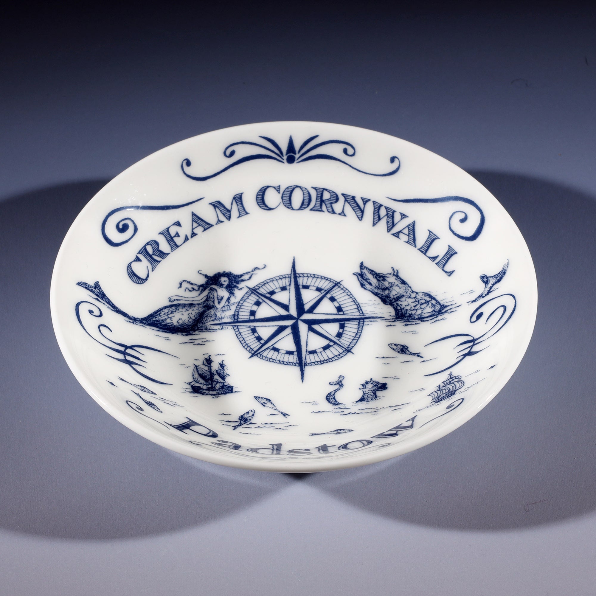 Blue And White Bone China Nibbles Dish With Padstow Design | Cream Cornwall