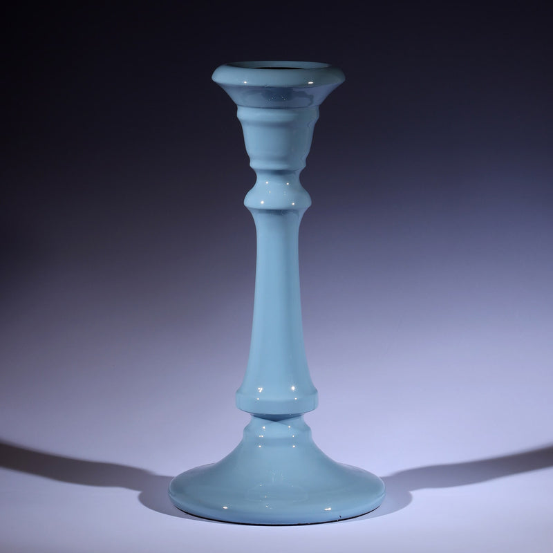 Powder Blue Polished Lacquer Candle holder,tapered at the top,moving down it has various section and a long smooth piece to finish with a tapered base