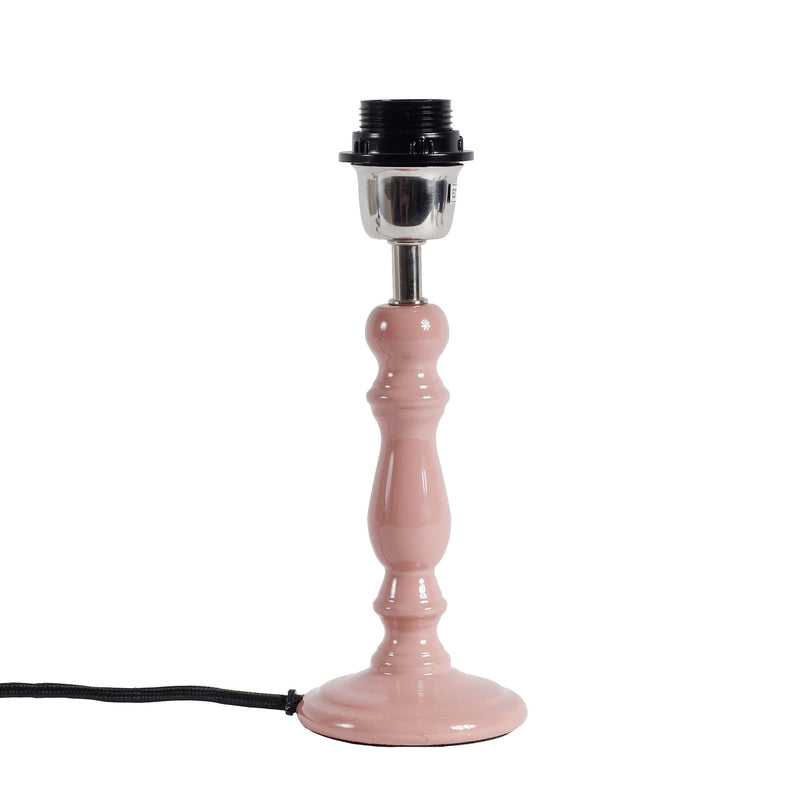 Blush pink lacquered finish wood lamp base with a silver coloured fitting and black cord