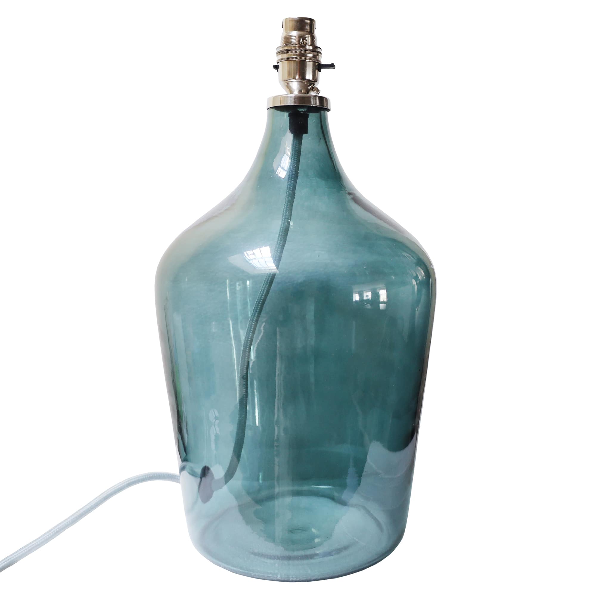 A large, light blue glass lamp base with a rounded, bottle-like shape. The base has a smooth surface, and a visible dark cord runs through the center, leading up to a polished silver light socket at the top. The design is both modern and elegant, ideal for enhancing contemporary interiors