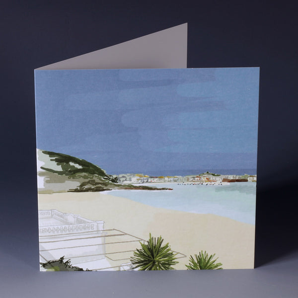 greeting card with illustration of the view across the beach from porthminster cafe st ives