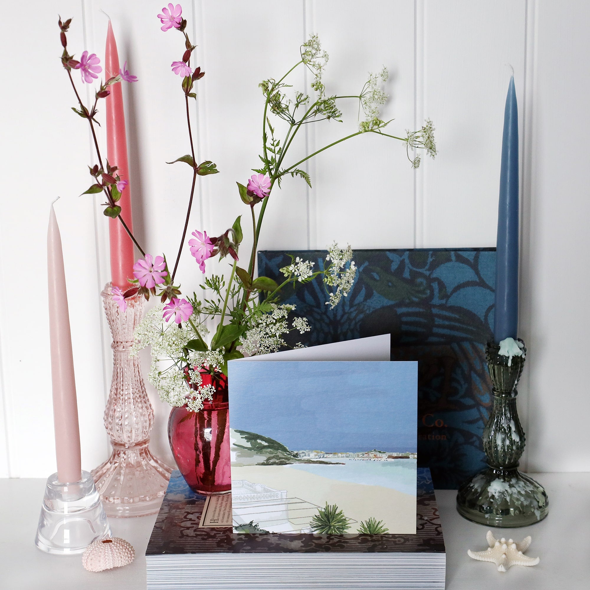 greeting card with illustration of the view across the beach from porthminster cafe st ives v