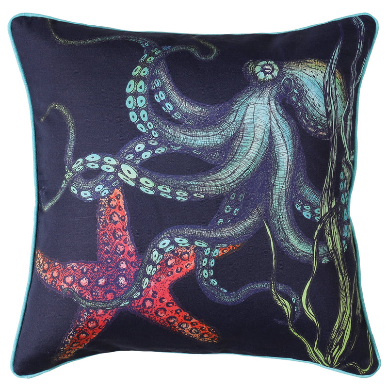 Navy piped linen cushion with turquoise backing.Front has hand drawn illustrations of a large blue octopus and a red starfish amongst the seaweed