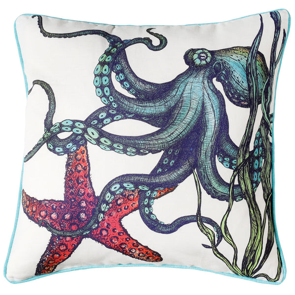 White piped linen cushion with turquoise backing.Front has hand drawn illustrations of a large blue octopus and a red starfish amongst the seaweed